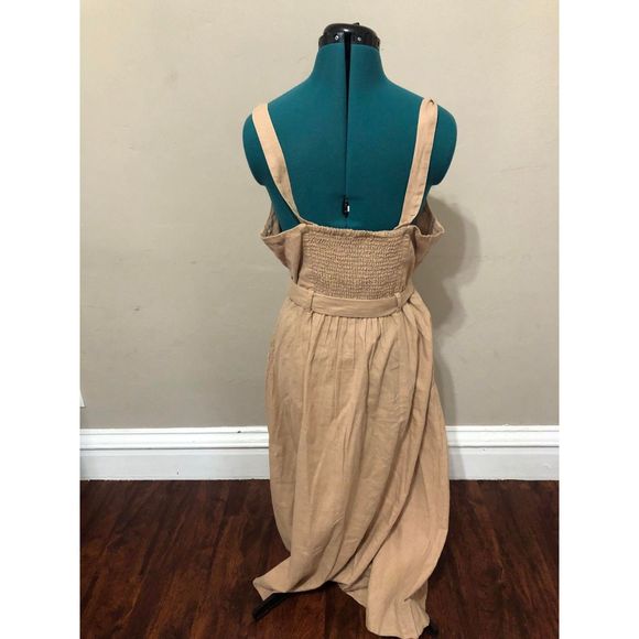 🧺All Worthy Tan Belted Midi Button Down Dress, size 14 - Picture 3 of 5